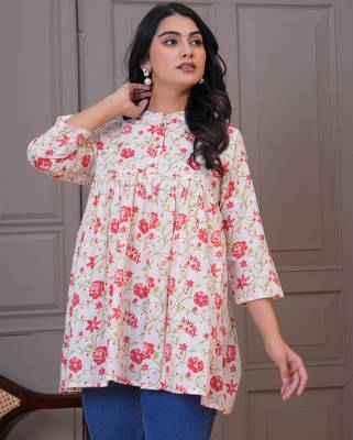 White & red floral printed flared pamplum top 4