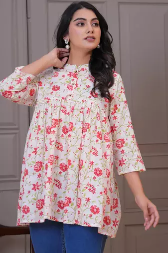 White & red floral printed flared pamplum top