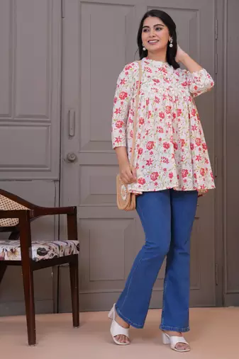 White & red floral printed flared pamplum top