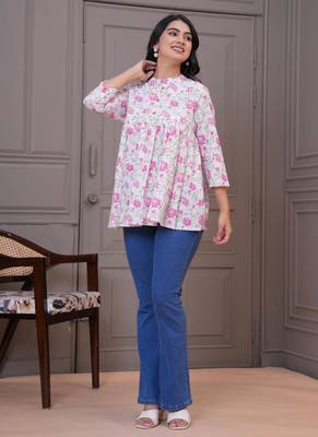 White & pink floral printed flared pamplum top 1