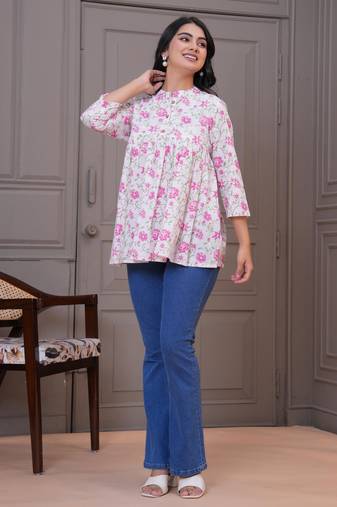 White & pink floral printed flared pamplum top