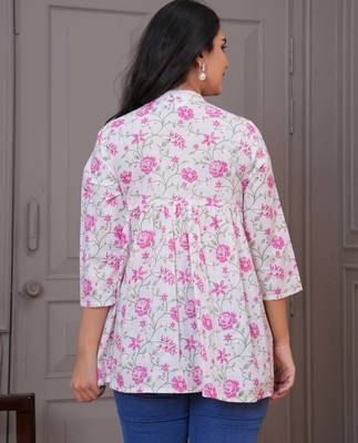 White & pink floral printed flared pamplum top 3