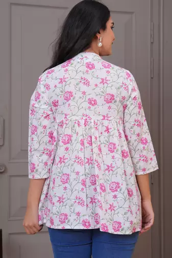 White & pink floral printed flared pamplum top