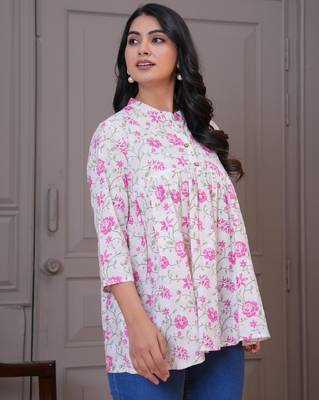 White & pink floral printed flared pamplum top 4