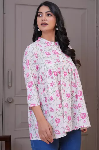 White & pink floral printed flared pamplum top