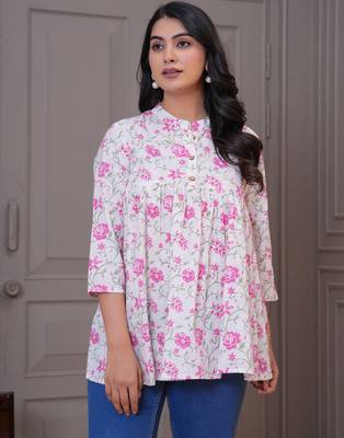 White & pink floral printed flared pamplum top 5