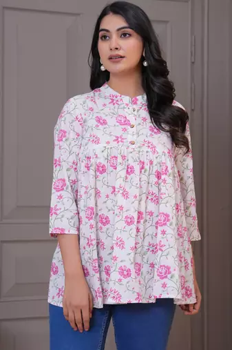 White & pink floral printed flared pamplum top
