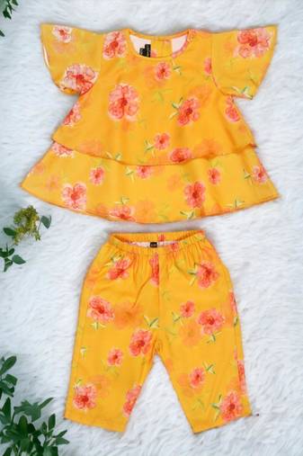 Two-piece girls' set in printed cotton blend fabric with calf-length pajama