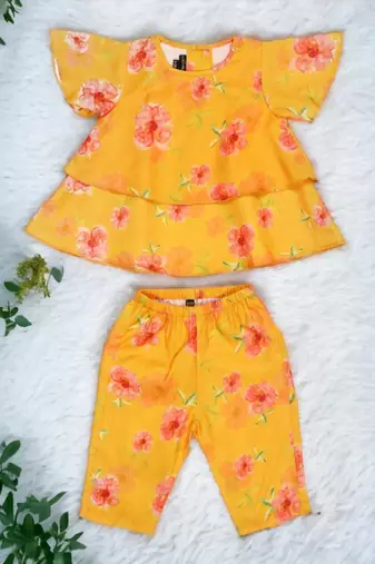Two-piece girls' set in printed cotton blend fabric with calf-length pajama