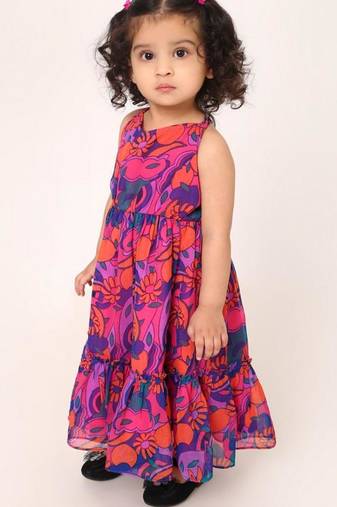 Sleevesless frock for girls. printed chiffon fabric. very soft fabric. fully lined. multi layered.
