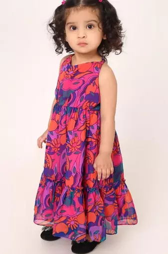 Sleevesless frock for girls. printed chiffon fabric. very soft fabric. fully lined. multi layered.