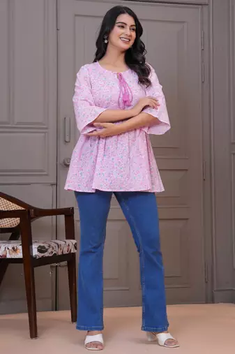 Baby pink floral printed flared pamplum top