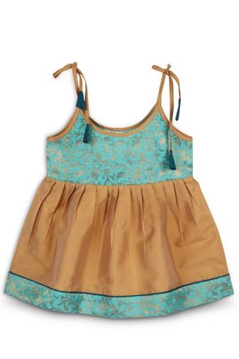 Strap shoulder frock for girls in banarasi and taffeta silk with tassels-multi