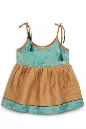 Strap shoulder frock for girls in banarasi and taffeta silk with tassels-multi