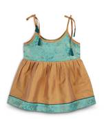 Strap shoulder frock for girls in banarasi and taffeta silk with tassels-multi