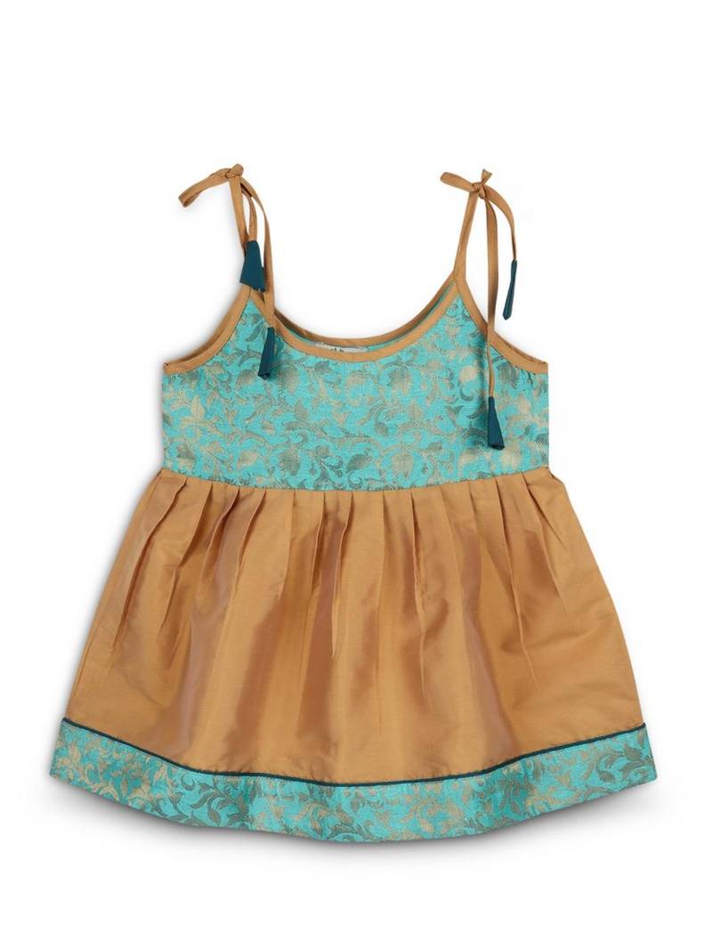 Strap shoulder frock for girls in banarasi and taffeta silk with tassels-multi