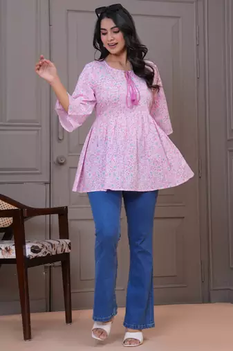Baby pink floral printed flared pamplum top