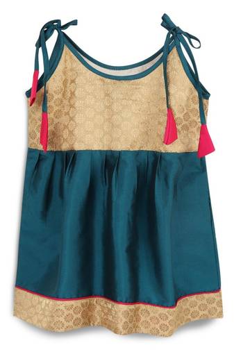 Strap shoulder frock for girls in banarasi and taffeta silk with tassels-multi