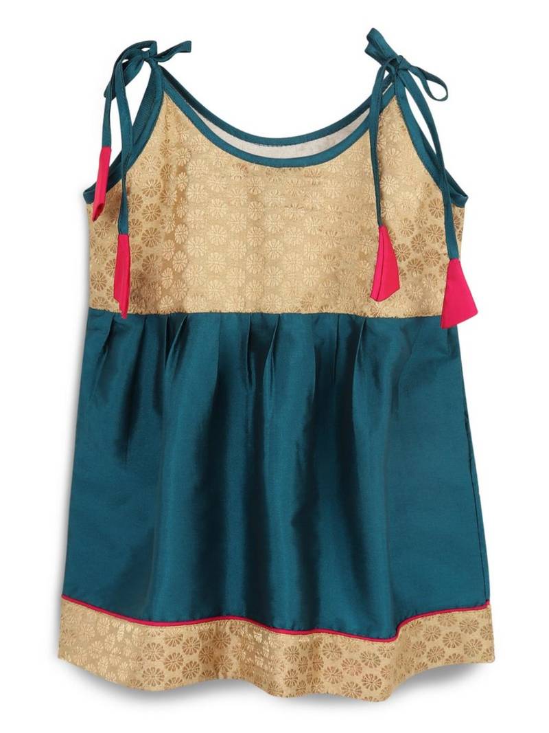Strap shoulder frock for girls in banarasi and taffeta silk with tassels-multi