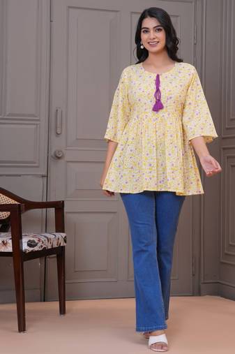 Yellow floral printed flared pamplum top