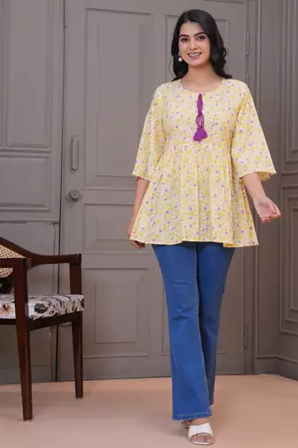 Yellow floral printed flared pamplum top