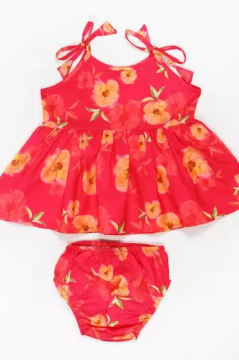 Two-piece girls set in cotton blend fabric with strappy frock and pantie-multi