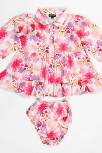 Stylish two-piece set for girls in printed cotton blend fabric-pink multi