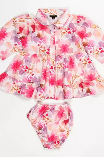 Stylish two-piece set for girls in printed cotton blend fabric-pink multi
