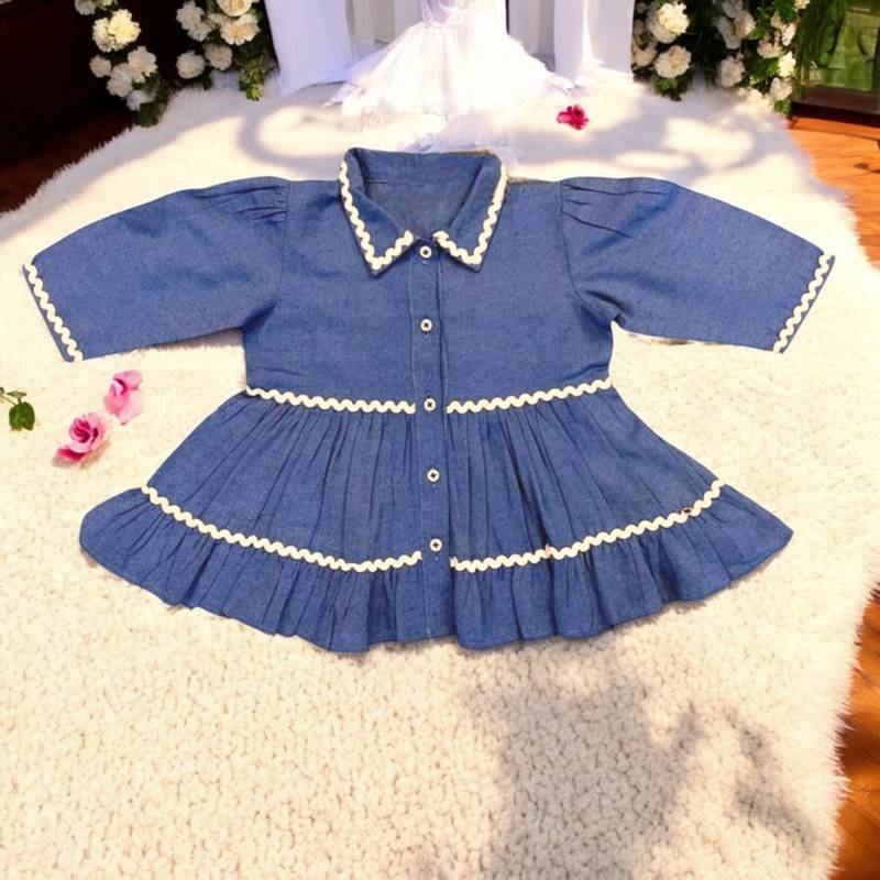 Elegant two-piece set in  cotton bled for baby girls-chamber blue