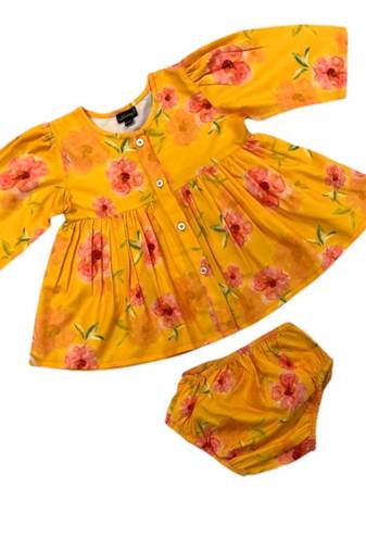 Adorable two-piece full sleeves cotton blend set for baby girls-yellow multi