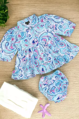 two-piece girls set in printed cotton blend fabric with gathered waistline-multi