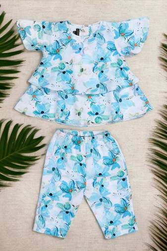 Two-piece girls' set in printed cotton blend fabric with calf-length pajama