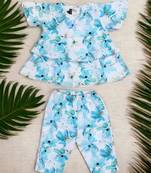 Two-piece girls' set in printed cotton blend fabric with calf-length pajama