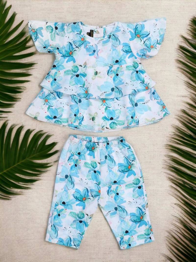 Two-piece girls' set in printed cotton blend fabric with calf-length pajama