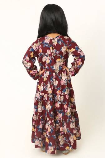 Elegant multi-layered crepe long dress for girls-maroon