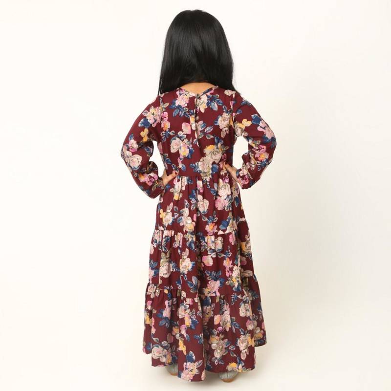 Elegant multi-layered crepe long dress for girls-maroon