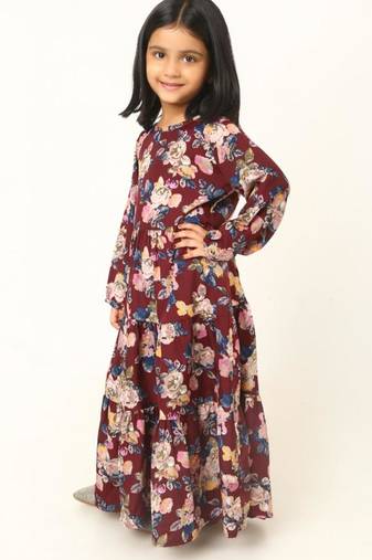 Elegant multi-layered crepe long dress for girls-maroon