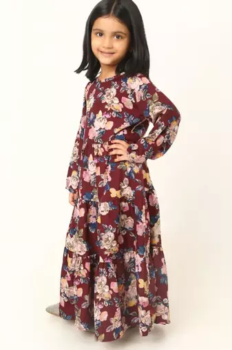 Elegant multi-layered crepe long dress for girls-maroon