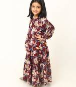 Elegant multi-layered crepe long dress for girls-maroon