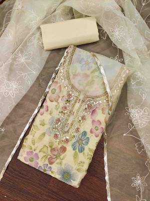 White viscose organza handwork unstitched dress material 2