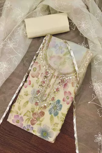 White viscose organza handwork unstitched dress material