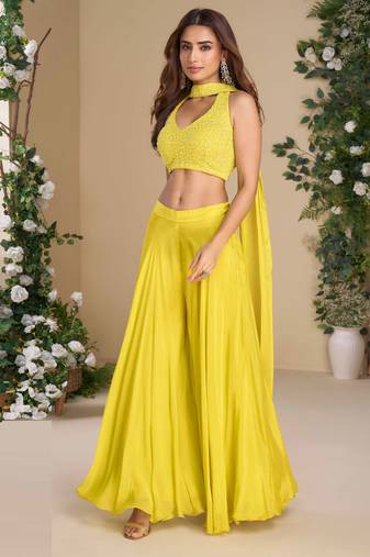 Yellow embroidery, beads & sequins work chinnon silk  blouse palazzo suit- free size Full Stitched (size upto 42)