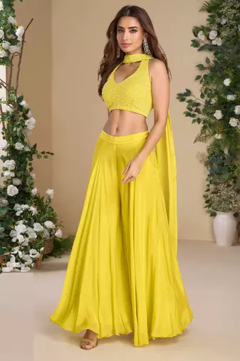 Yellow embroidery, beads & sequins work chinnon silk  blouse palazzo suit- free size Full Stitched (size upto 42)