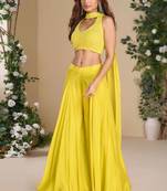 Yellow embroidery, beads & sequins work chinnon silk  blouse palazzo suit- free size Full Stitched (size upto 42)