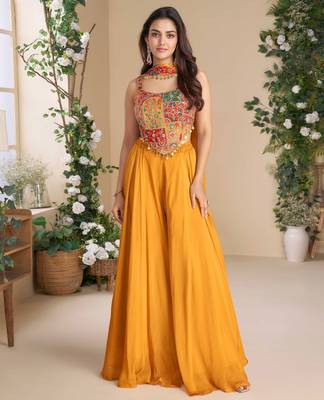 Multicolor embroidery bead chinnon silk blouse palazzo suit - free size Full Stitched (size upto 42) 1