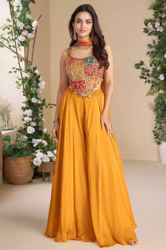 Multicolor embroidery bead chinnon silk blouse palazzo suit - free size Full Stitched (size upto 42)