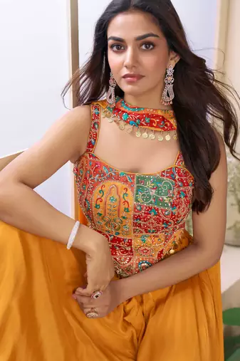 Multicolor embroidery bead chinnon silk blouse palazzo suit - free size Full Stitched (size upto 42)