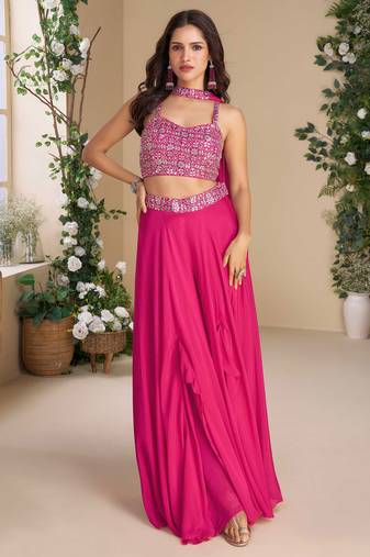 Pink embroidery, zari & sequins work chinnon silk  blouse palazzo suit - free size Full Stitched (size upto 42)