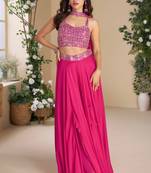 Pink embroidery zari & sequins work chinnon silk blouse palazzo suit - free size Full Stitched (size upto 42)