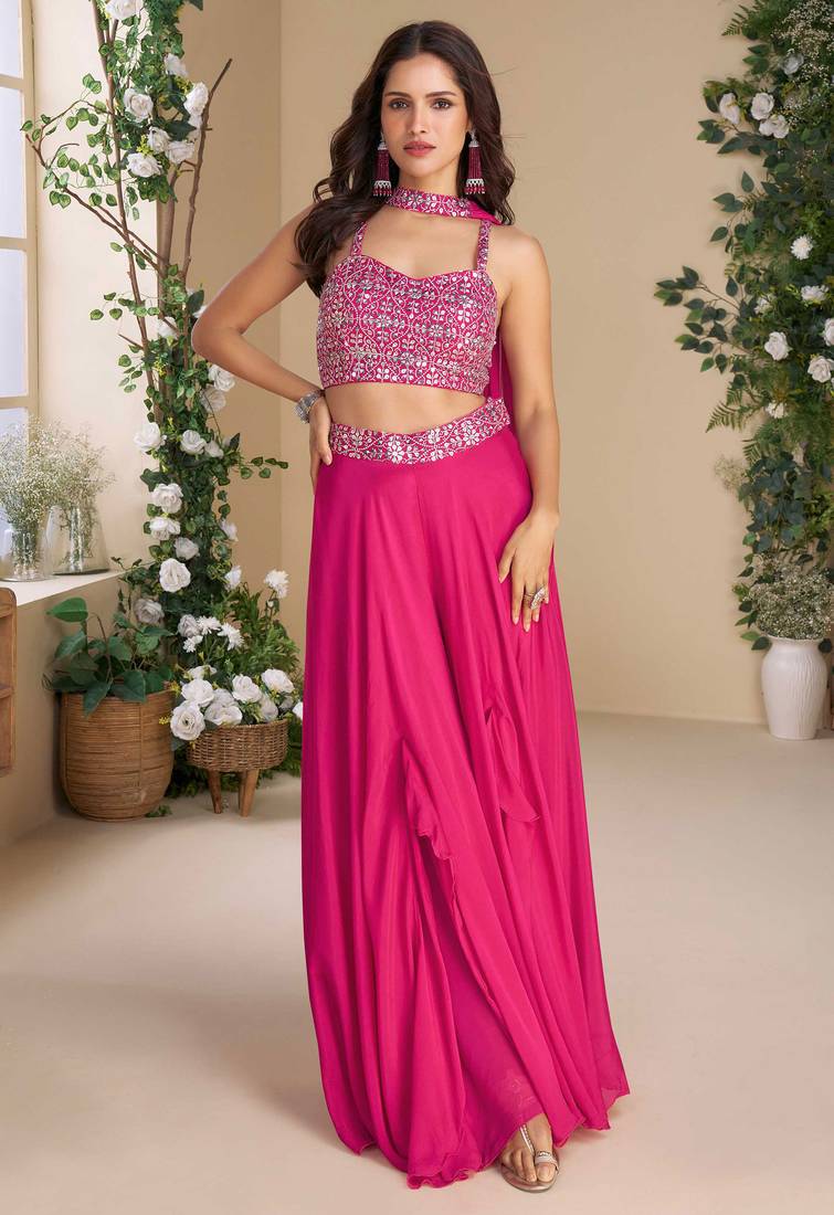 Pink embroidery, zari & sequins work chinnon silk  blouse palazzo suit - free size Full Stitched (size upto 42)